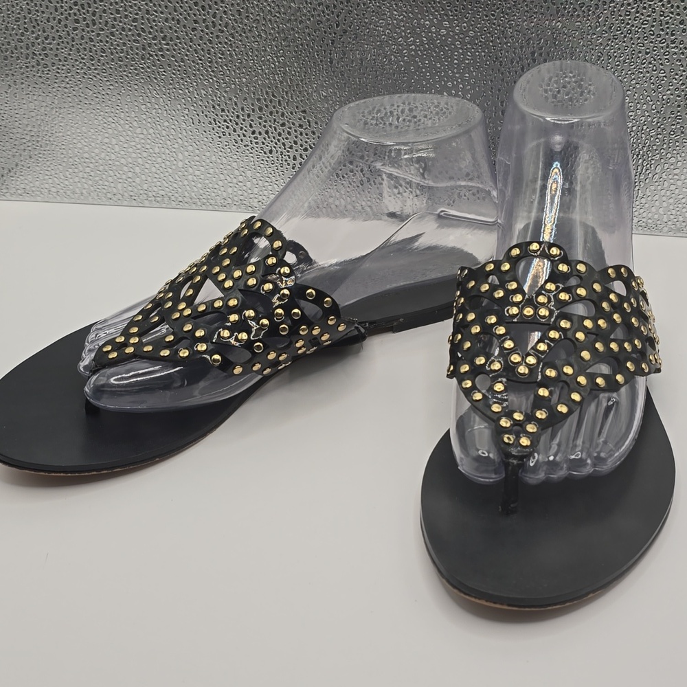 Vince Camuto Black and Gold Studded Flip Flop Sandals - Picture 2 of 10